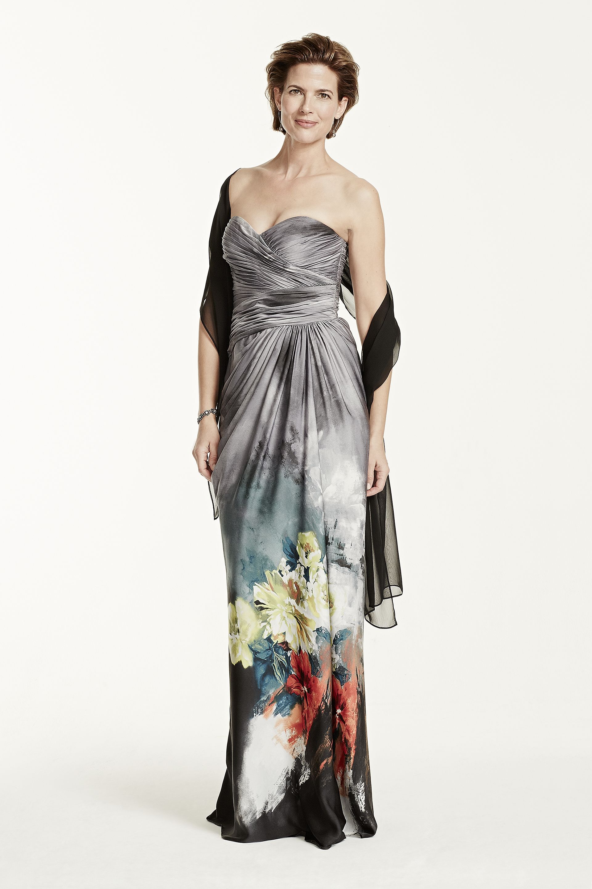 Picture of Strapless Printed Dress with Draped Bodice