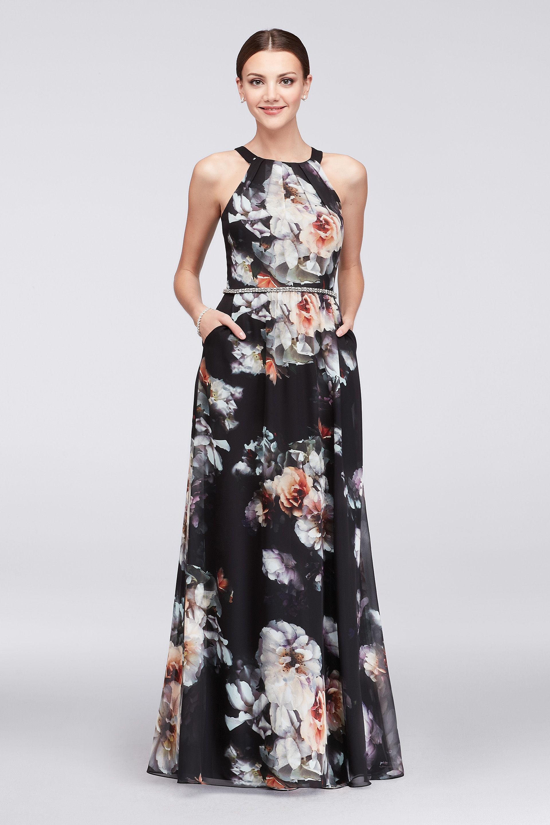 Picture of Printed Round-Neck Chiffon Gown with Beaded Waist