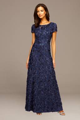 alex evenings rosette lace dress Alex Evenings Rosette A-Line Gown - Navy
