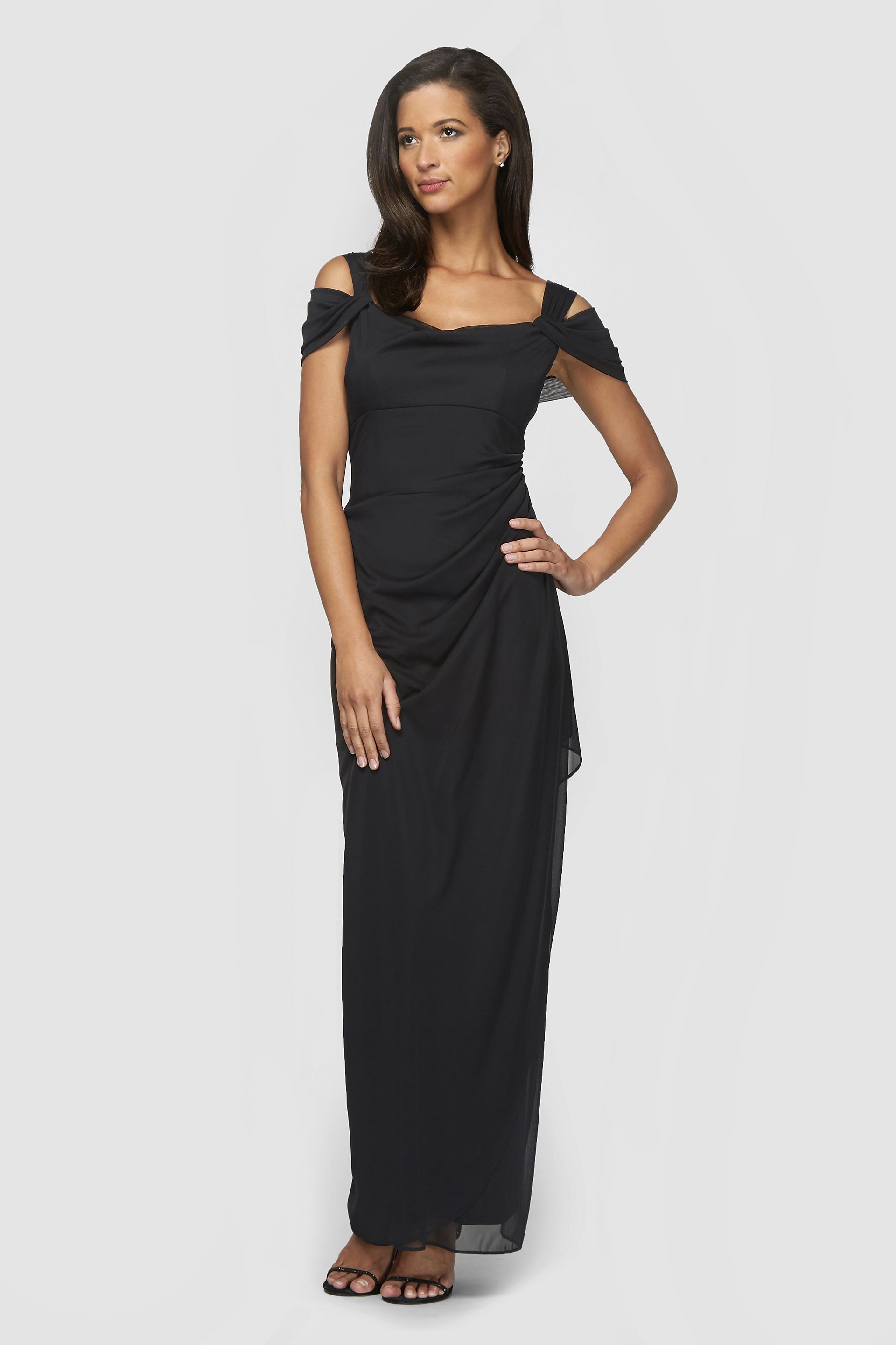 Picture of Long Ruched Mesh Cold-Shoulder Sheath Dress