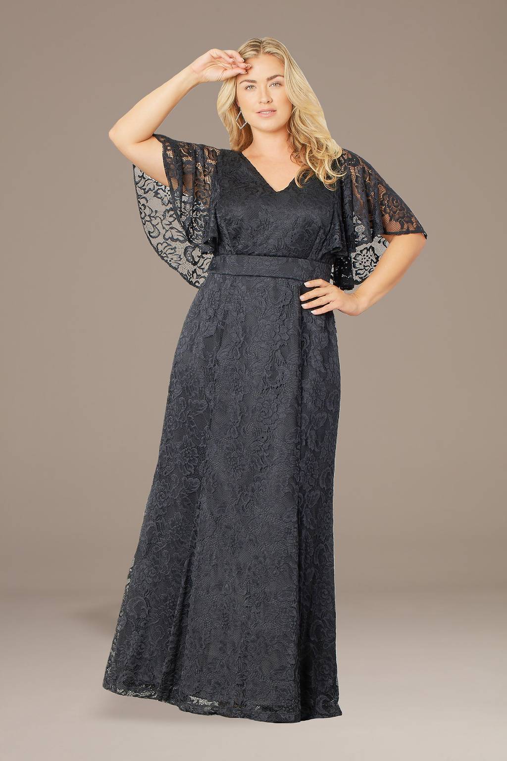plus size long lace dress with sleeves Plus Size Formal Lace Satin Purple V Neck Long Sleeve Split See Through Maxi Dresses