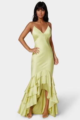tiered satin charmeuse ruffle high low dress Charmeuse Dresses