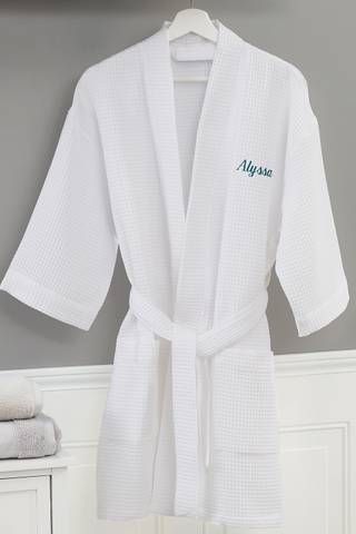 View Personalization Mall Embroidered White Waffle Weave Kimono Robe in all available color and sizes Picture of Embroidered White Waffle Weave Kimono Robe