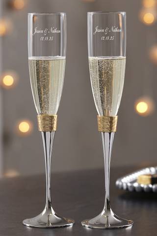 Picture of Gold Hammered Engraved Wedding Champagne Flute Set