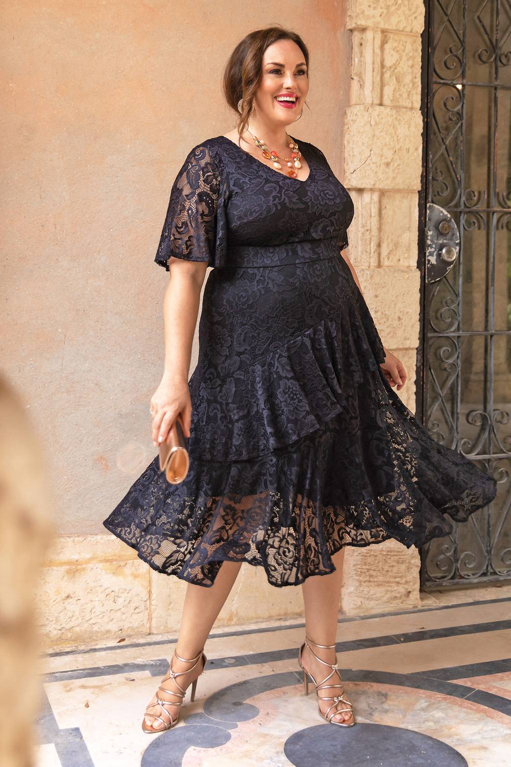 plus size black lace dress Ever-Pretty Empire Waist V-Neck Short Sleeve A-Line Formal Occasion Dress Satin Lined Feancey Plus Size Formal Dresses