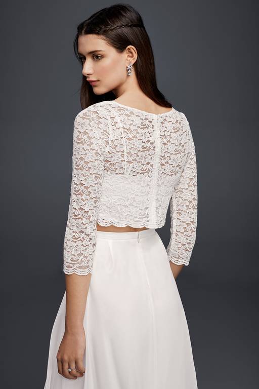 lace long sleeve crop top maxi wedding dress Boho bardot wedding dress with Crop-Top and Victorian Sleeves, Crepe Lace, and Rehearsal