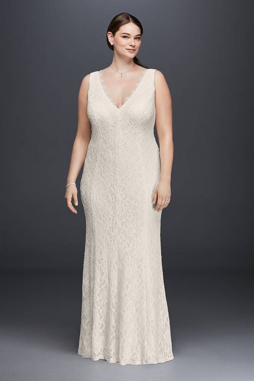 david's bridal v neck lace dress Allover Lace V-Neck Sheath Wedding Dress