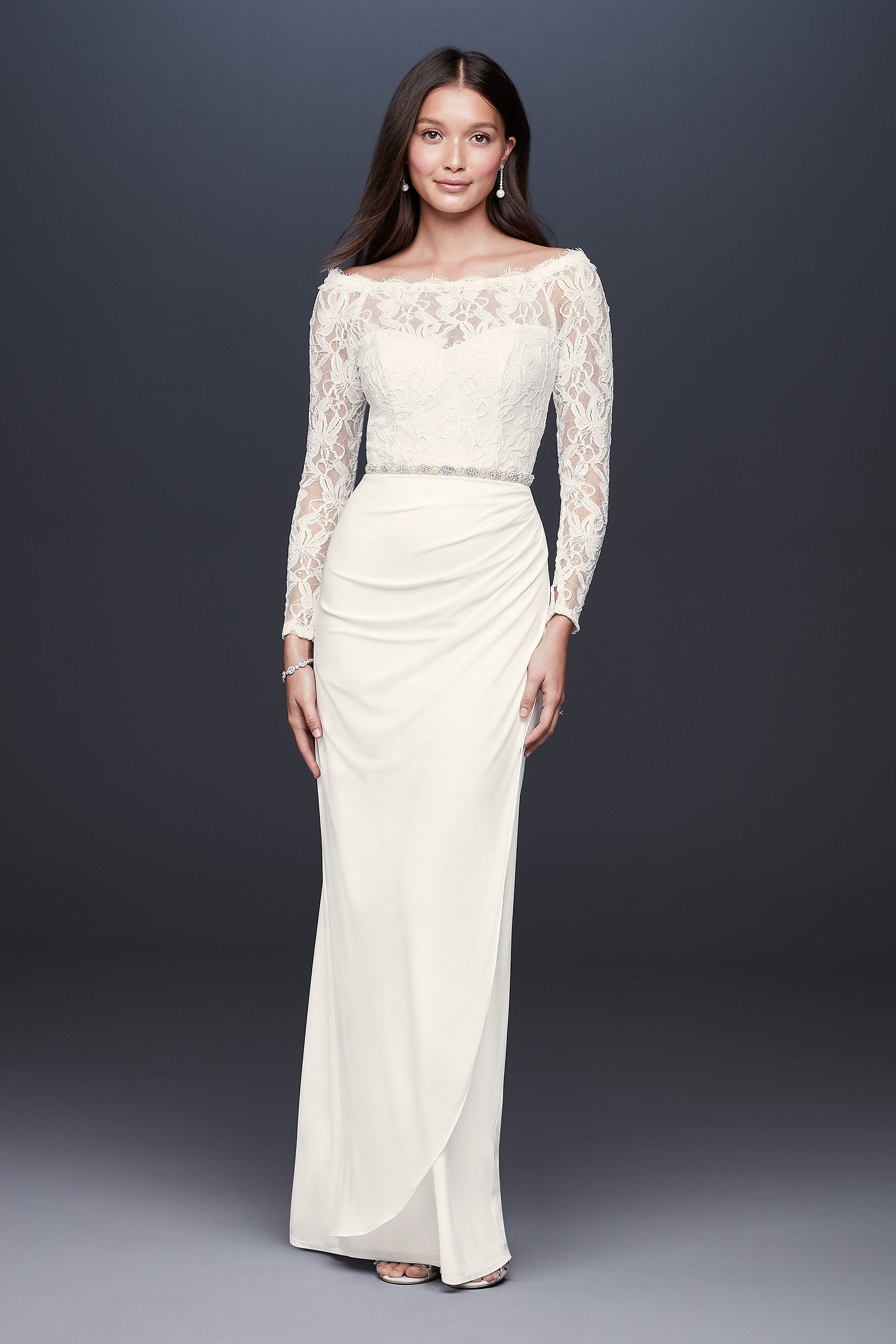 Picture of Off-the-Shoulder Long Sleeve Lace Draped Gown