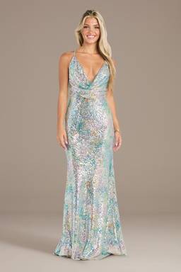 sequin v neck bridesmaid dress with satin piping Sequin V-Neck Bridesmaid Dress with Satin Piping