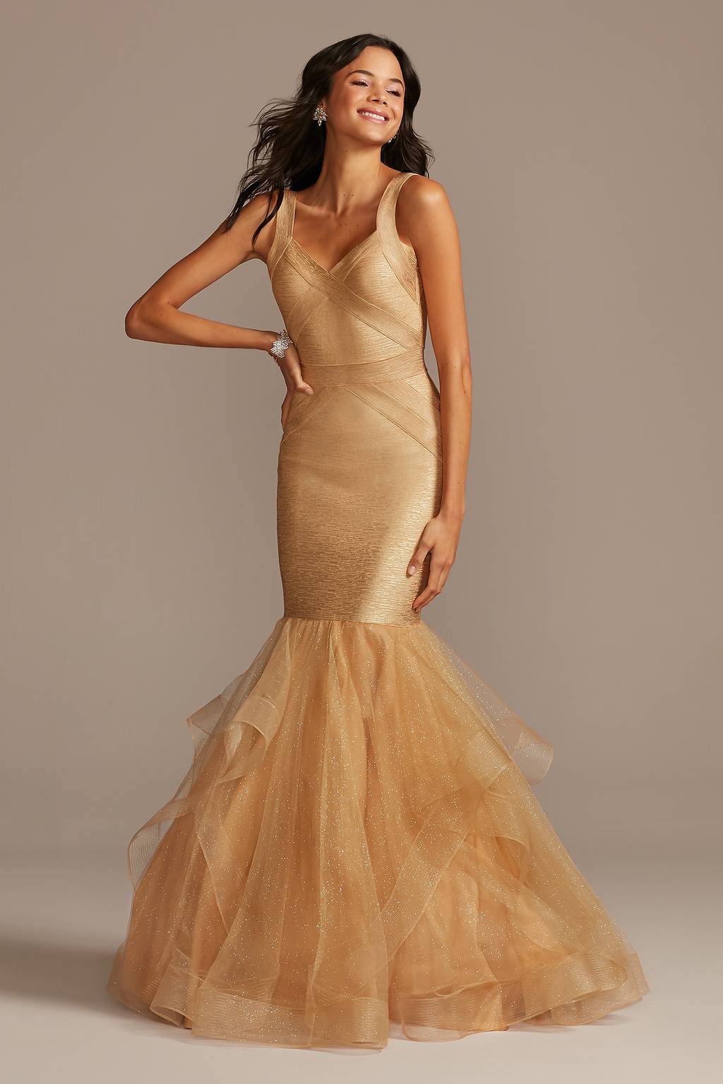 mermaid bandage dress Tara Stretch at the bust Long, off-the-shoulder, mermaid-style bandage dress
