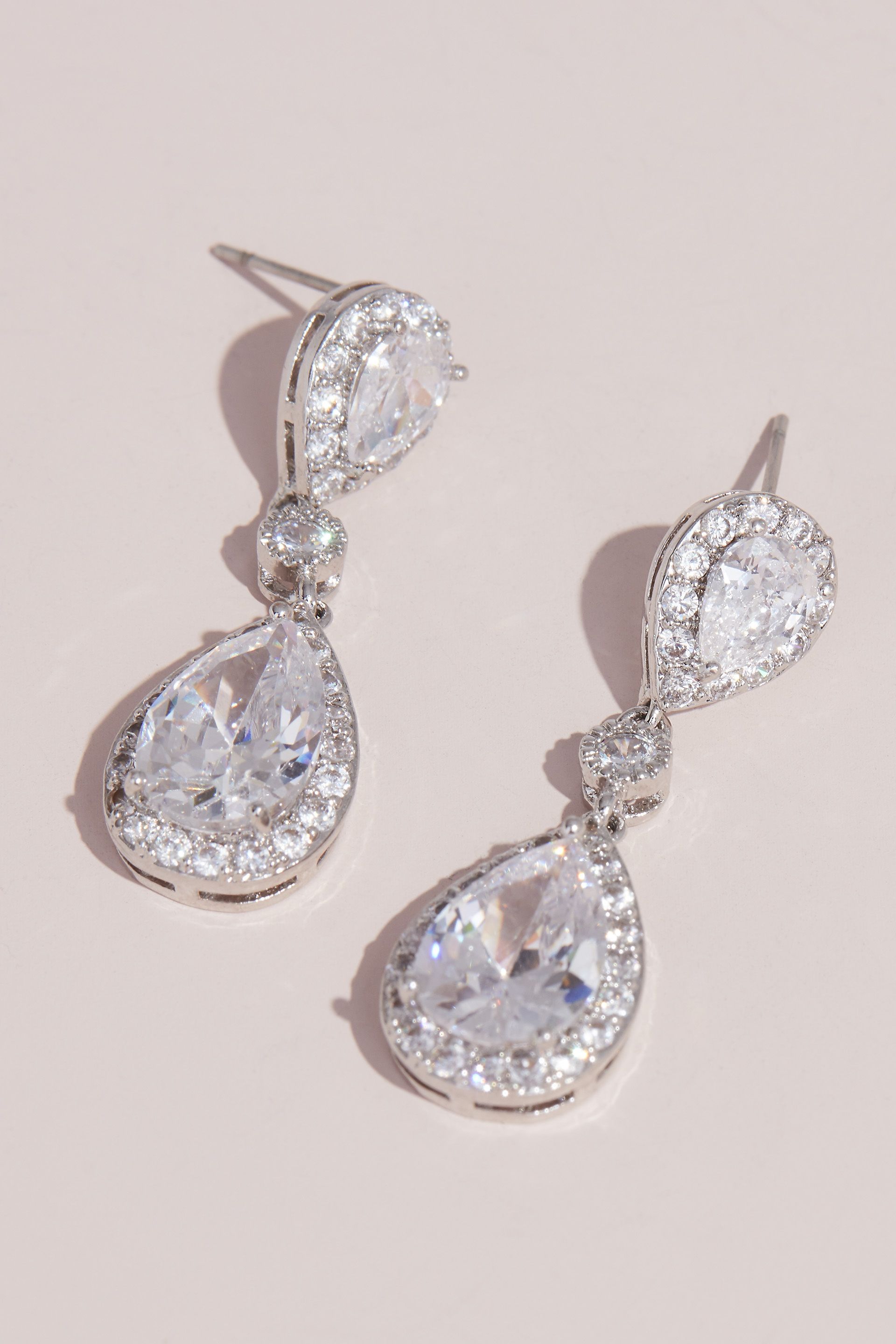 Cubic Zirconia Halo Teardrop Earrings in Silver Davids Bridal