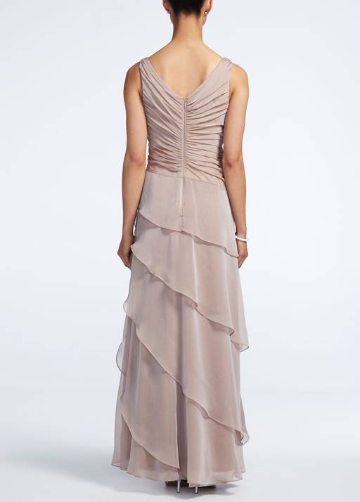 long chiffon dress with low crisscross back Shirred Shoulder Criss Cross Back Maxi Bridesmaid Dress With Front Slit In Atlantic Blue