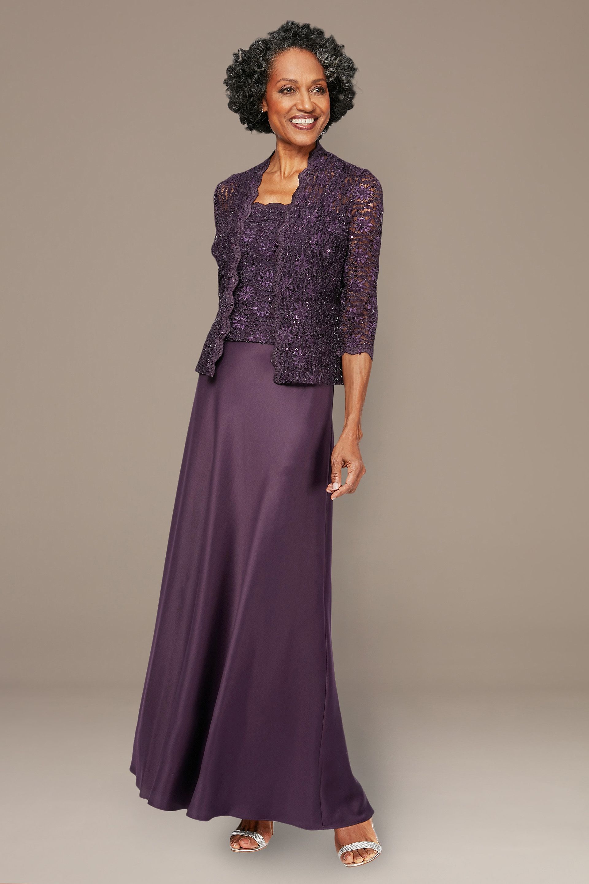 Picture of 2-Pc Lace and Satin Jacket Gown with Sheer Sleeve