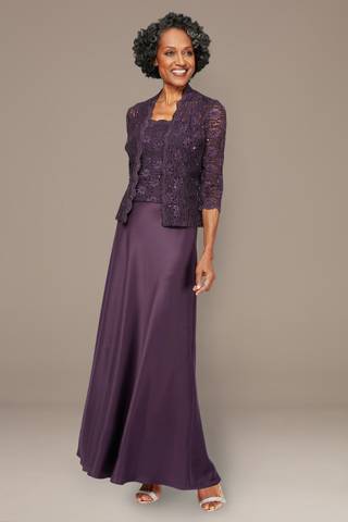 Picture of 2-Pc Lace and Satin Jacket Gown with Sheer Sleeve