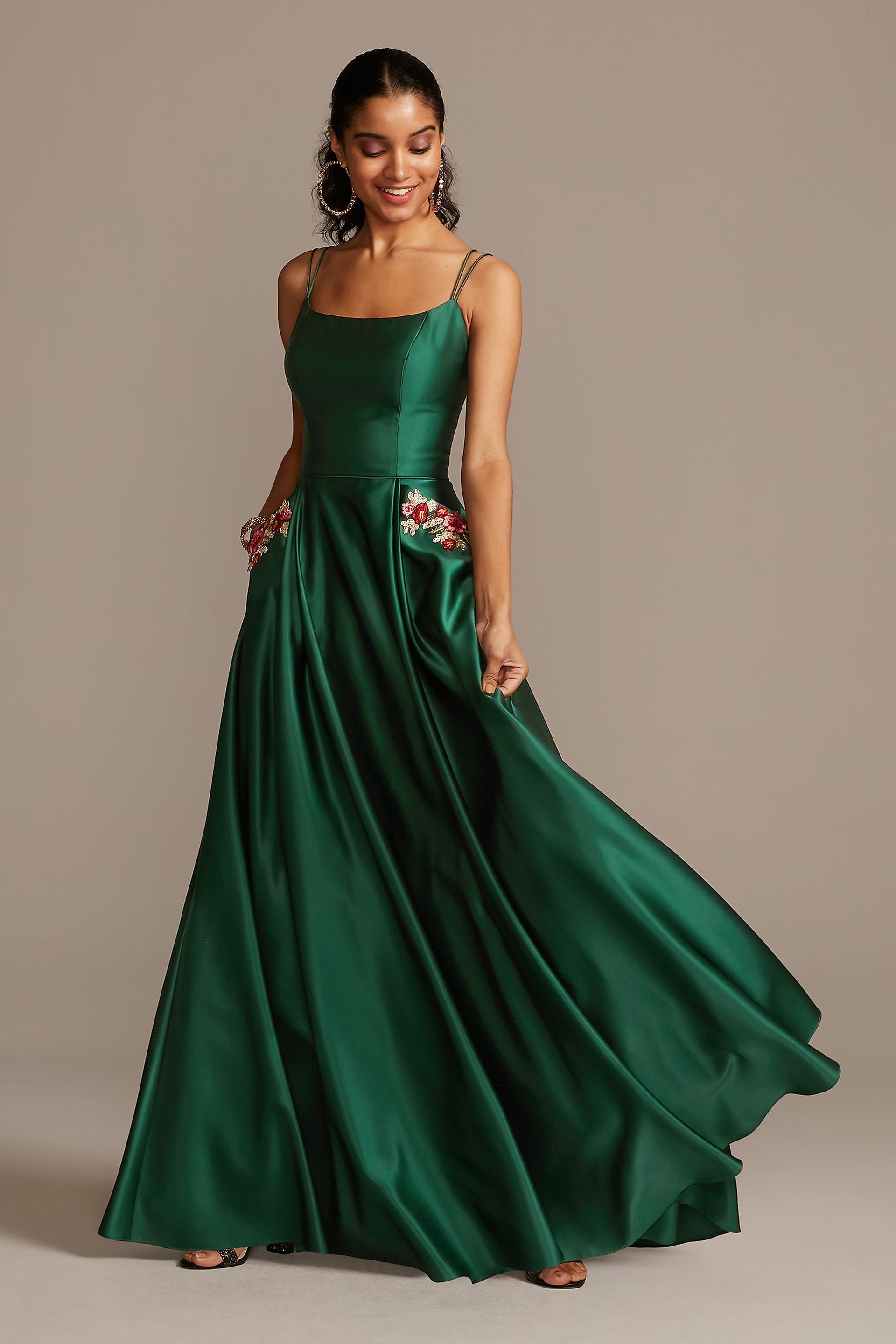 Picture of Satin Double Strap Gown with Floral Pockets