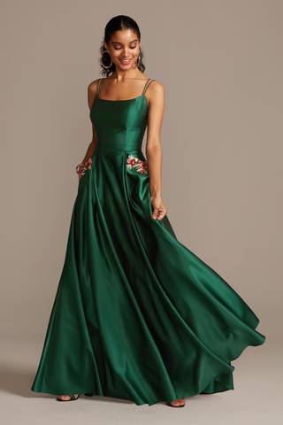 Picture of Satin Double Strap Gown with Floral Pockets