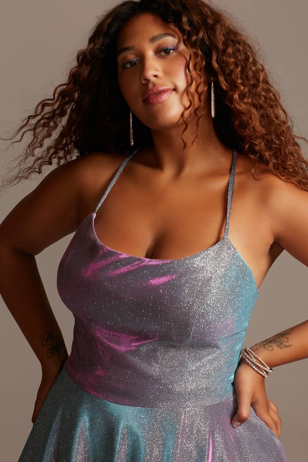 lace-up back metallic iridescent glitter dress Glitter Knit Lace Up Back Dress with Side Slit