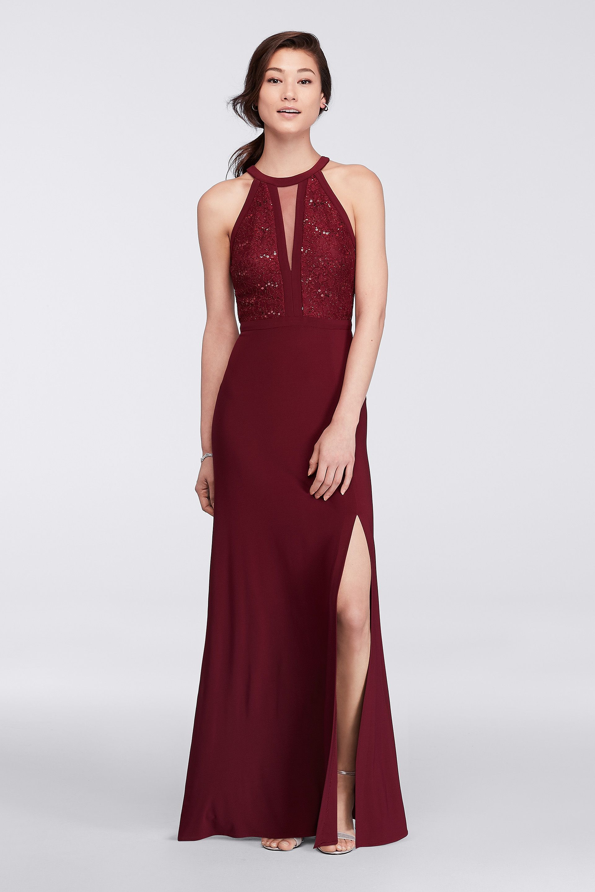 Picture of Long Halter Lace Dress with Illusion Cutout