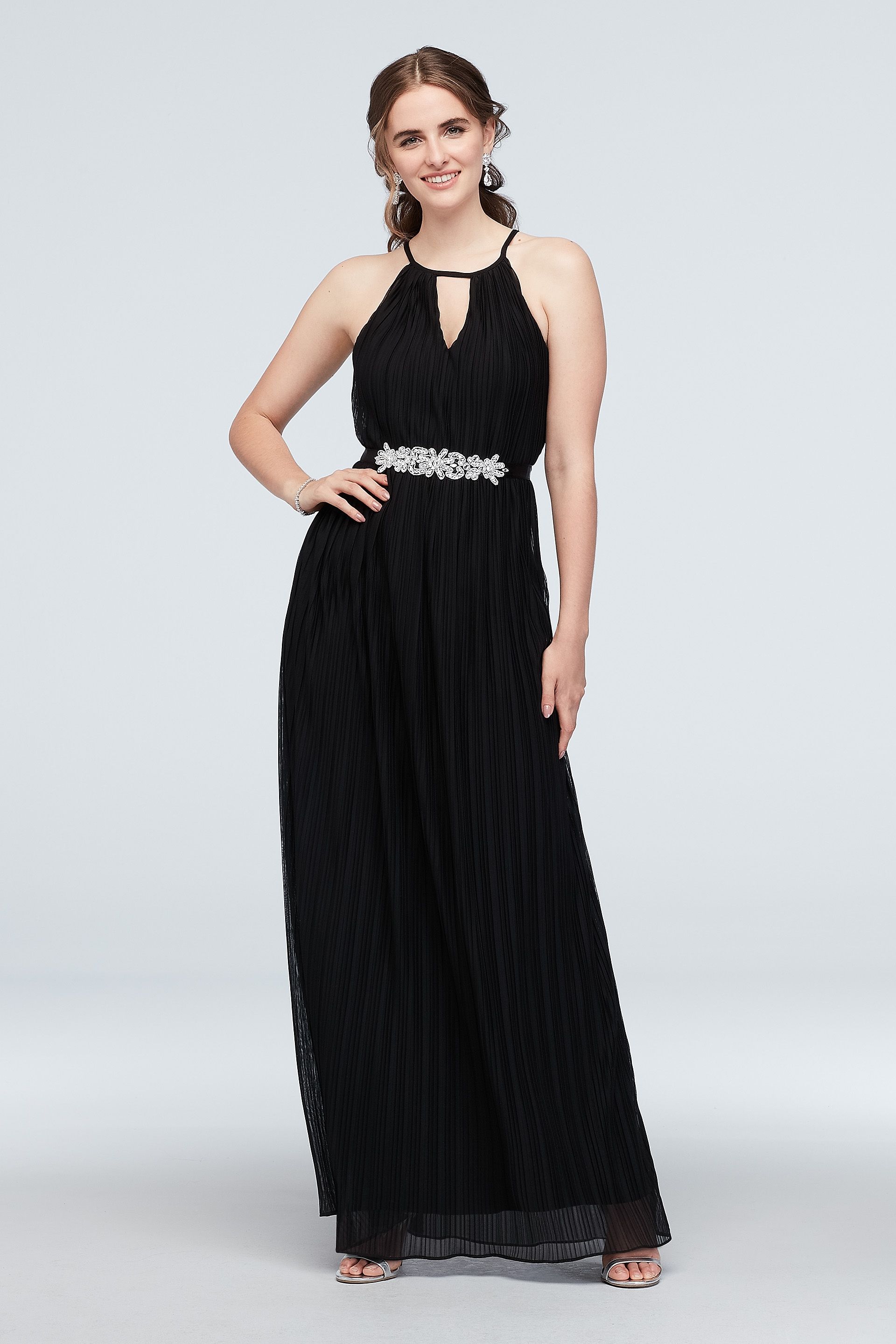 Picture of High Neck Keyhole Accordion Pleat Belted Dress