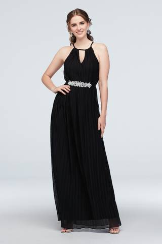 Picture of High Neck Keyhole Accordion Pleat Belted Dress