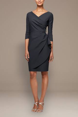 david's bridal petite cocktail dresses Smoothing Knit Mock Wrap Cocktail Dress Style 134005, Navy, 18