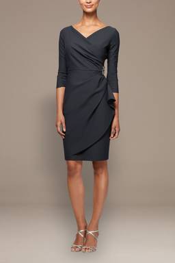 grey sheath dress with sleeves Gray 3/4 sleeve round neck High Waisted Sheath Dress