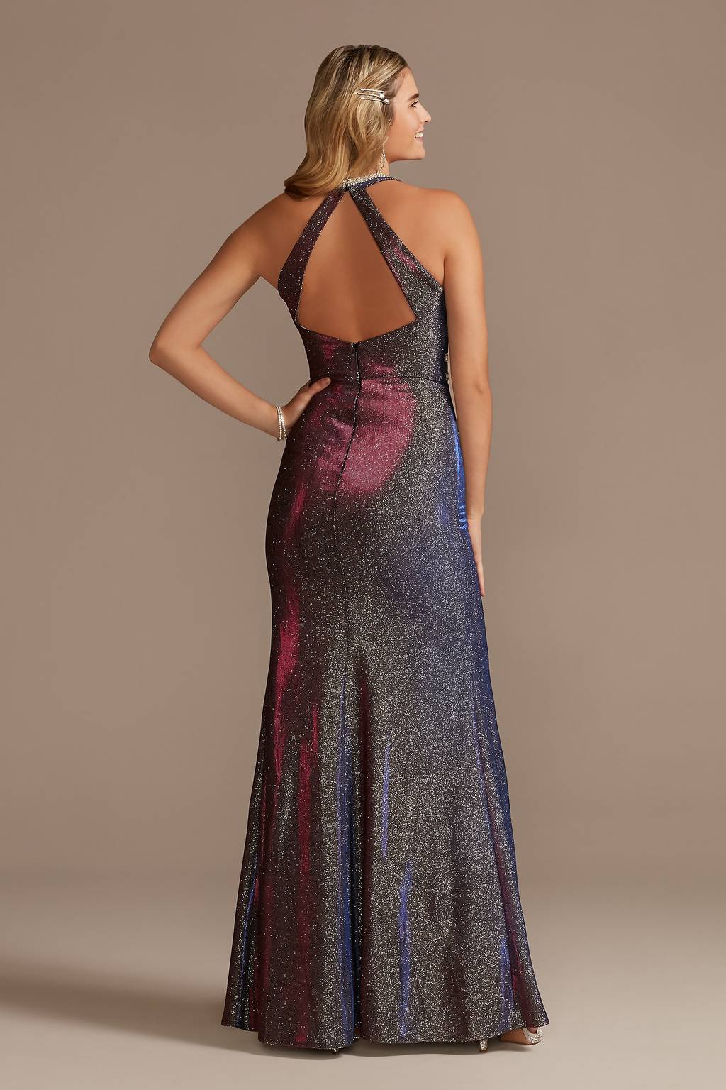 lace-up back metallic iridescent glitter dress Elizabeth K GL3150 Iridescent Sequin Open Back Lace Up Mermaid Cut-Out
