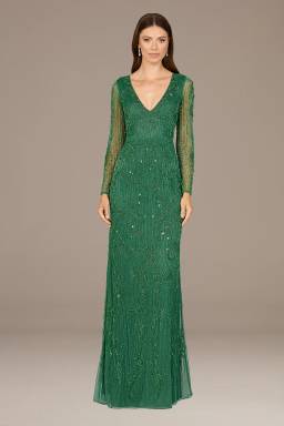 beaded dresses with jackets Pisarro Nights Women's Beaded Mesh Gown with Jacket - Green