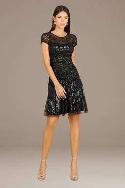 sequin beaded cocktail dress with flutter sleeves and scallop trim Beaded Mesh Flutter Sleeve Cocktail Dress (Women)