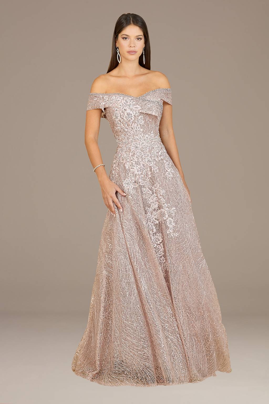 lara dresses Long Sleeve Gown with Overskirt & High Neck Champagne / 2 Beautiful mermaid gown with off shoulder sleeves featuring a unique tiered effect Lara Dress
