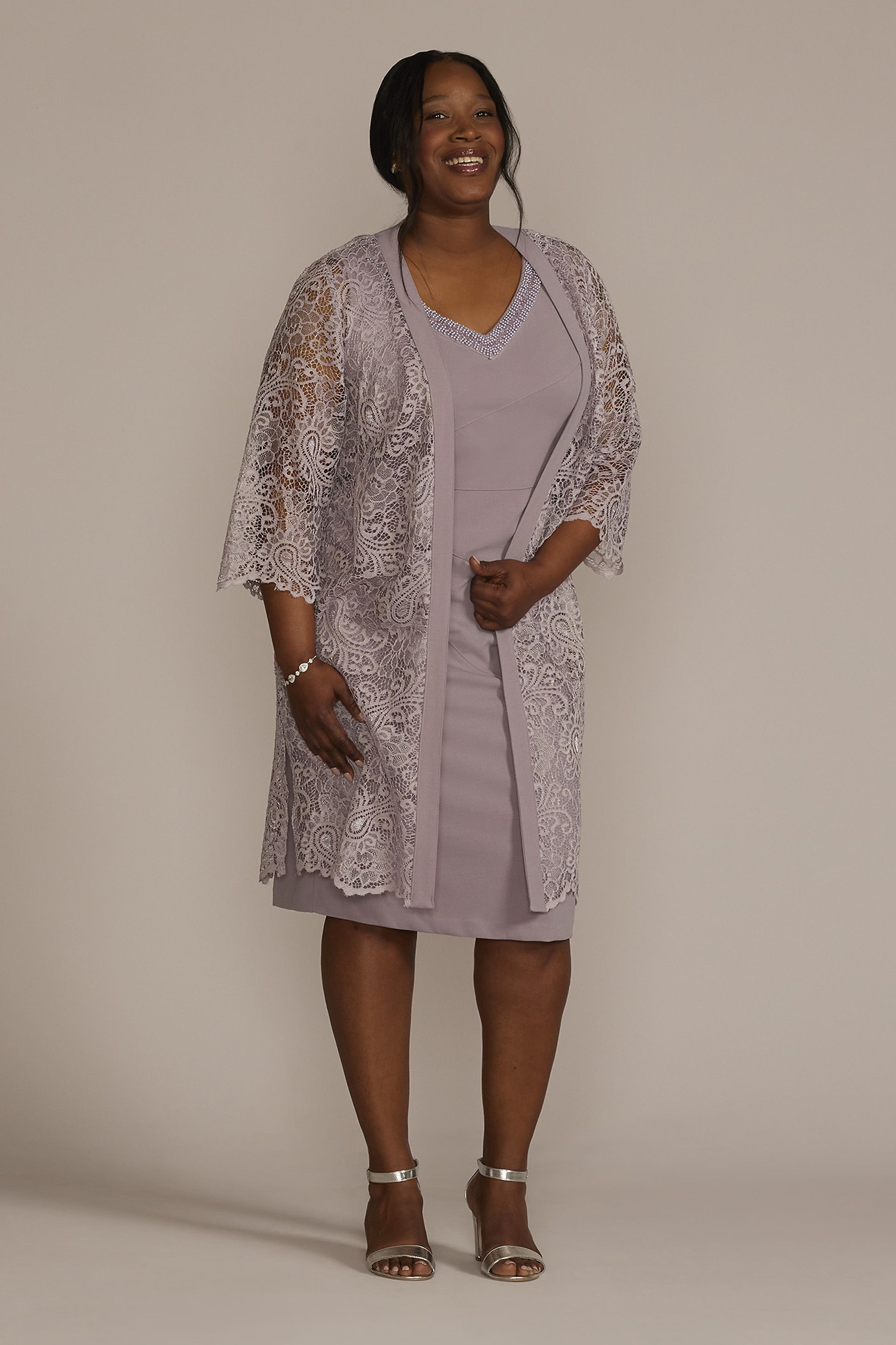 Short Beaded V-Neck Dress with Sheer Sleeve Jacket | David's Bridal