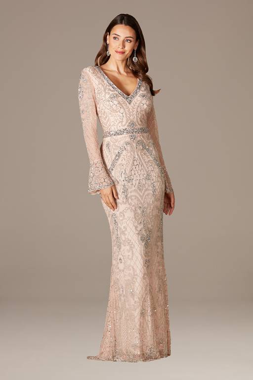 long sleeve beaded sheath dress Long Sleeve Fully Beaded Sheath Gown 10 / English Violet