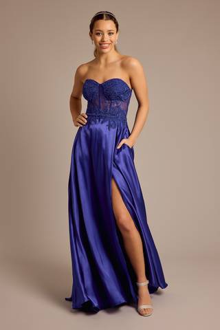 View Blondie Nites Strapless Illusion Lace Applique Satin A-Line in all available color and sizes Picture of Strapless Illusion Lace Applique Satin A-Line