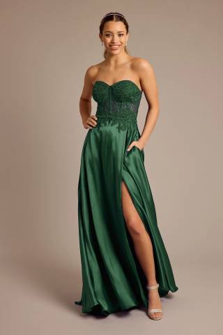 Picture of Strapless Illusion Lace Applique Satin A-Line