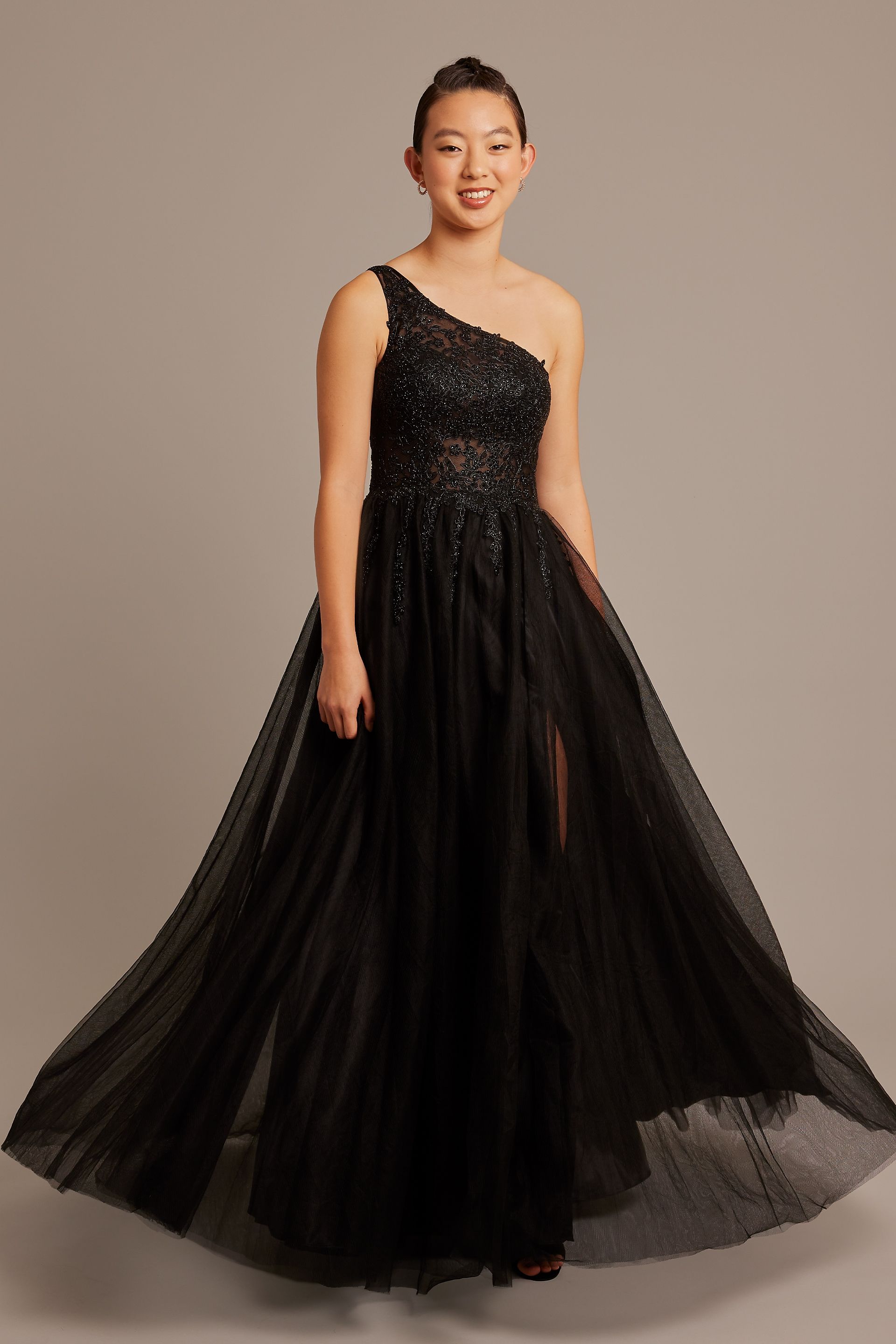 Picture of Beaded Lace and Tulle One-Shoulder A-Line Dress