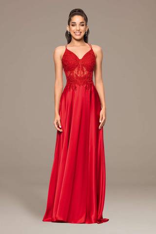 View Blondie Nites Charmeuse A-Line Dress with Appliqued Bodice in all available color and sizes Picture of Charmeuse A-Line Dress with Appliqued Bodice