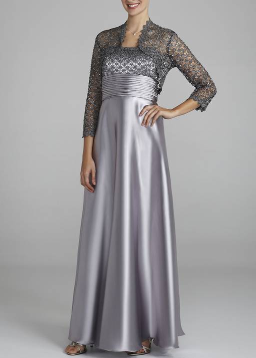 bolero jackets for formal dresses Long V-Neck Dress with Jacket by Poly USA 7770 XS / Gray Lace Sleeve Style Chiffon Black Bolero Jackets For