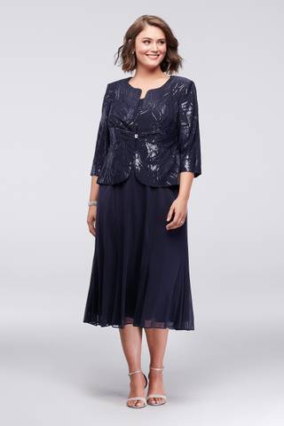 Picture of Sequined Tea-Length Plus Size Dress and Jacket Set