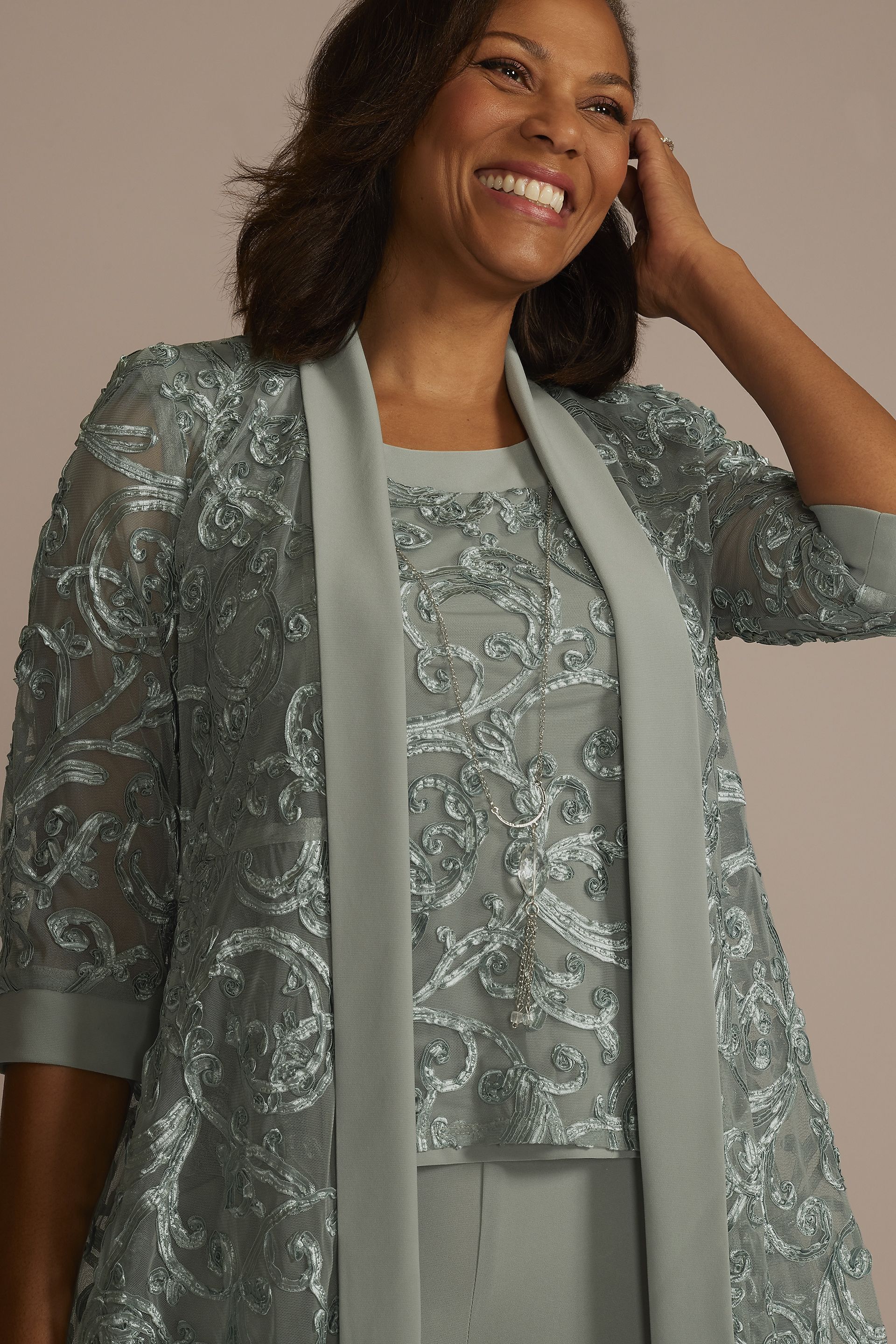 Three-Quarter Sleeve Soutache Embroidered Pantsuit | David's Bridal