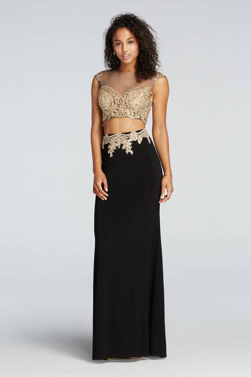 david's bridal 2 piece prom dress Beaded Two Piece Illusion Prom Crop Top and Skirt