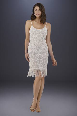 View Lara Lara Demi Beaded Short Fringe Hem Wedding Dress in all available color and sizes Picture of Lara Demi Beaded Short Fringe Hem Wedding Dress