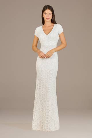 View Lara Lara Hilda V-Neck Beaded Cap Sleeve Gown in all available color and sizes Picture of Lara Hilda V-Neck Beaded Cap Sleeve Gown