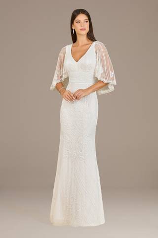 View Lara Lara Hart V-Neck Beaded Flutter Sleeve Gown in all available color and sizes Picture of Lara Hart V-Neck Beaded Flutter Sleeve Gown