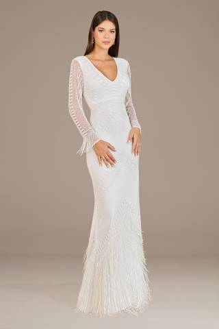 View Lara Lara Jett Beaded Long Sleeve Fringe Wedding Dress in all available color and sizes Picture of Lara Jett Beaded Long Sleeve Fringe Wedding Dress