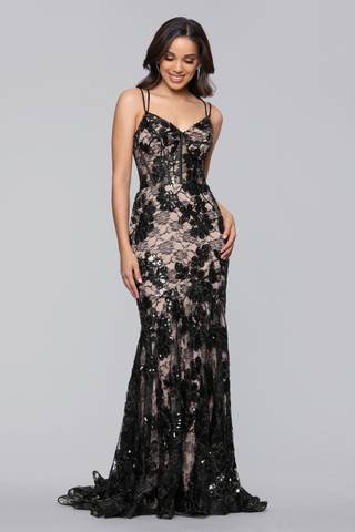 View Blondie Nites Allover Glitter Floral Mermaid Dress in all available color and sizes Picture of Allover Glitter Floral Mermaid Dress