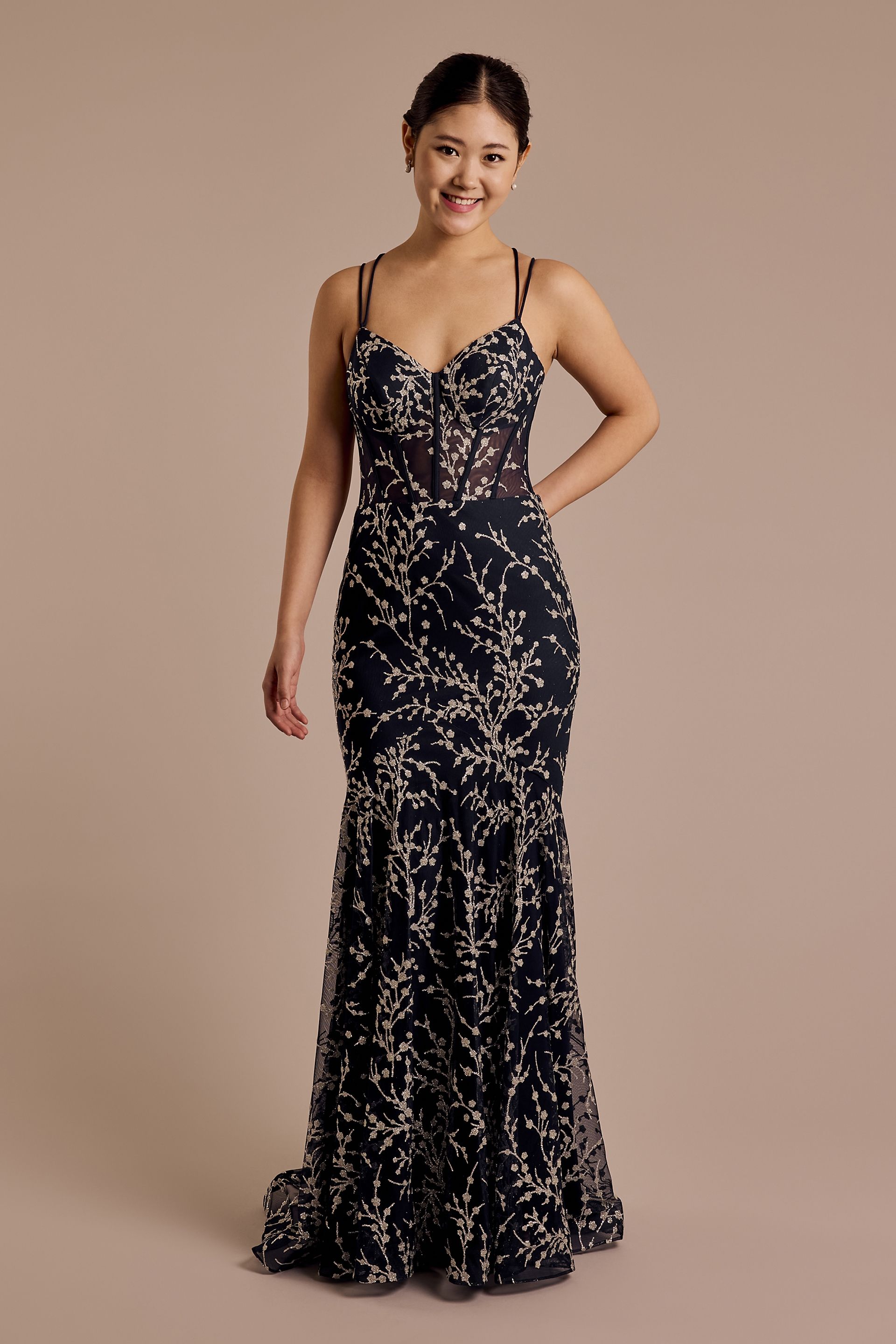 Picture of Glitter Floral Lace-Up Back Mermaid Dress