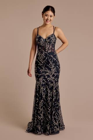 View Blondie Nites Glitter Floral Lace-Up Back Mermaid Dress in all available color and sizes Picture of Glitter Floral Lace-Up Back Mermaid Dress