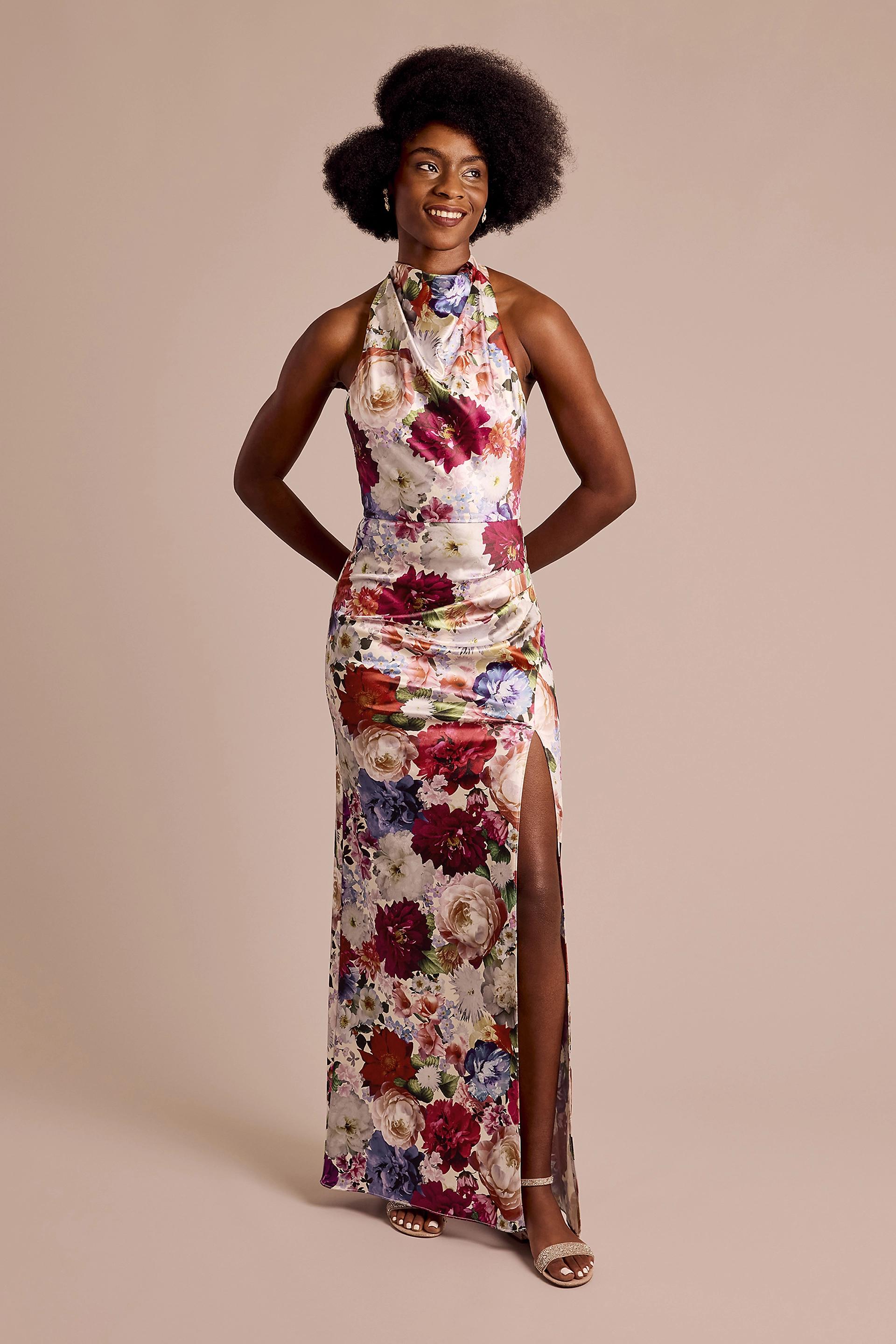 Picture of Cowl Halter Neckline Floral Print Sheath Dress