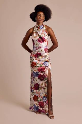 View Blondie Nites Cowl Halter Neckline Floral Print Sheath Dress in all available color and sizes Picture of Cowl Halter Neckline Floral Print Sheath Dress