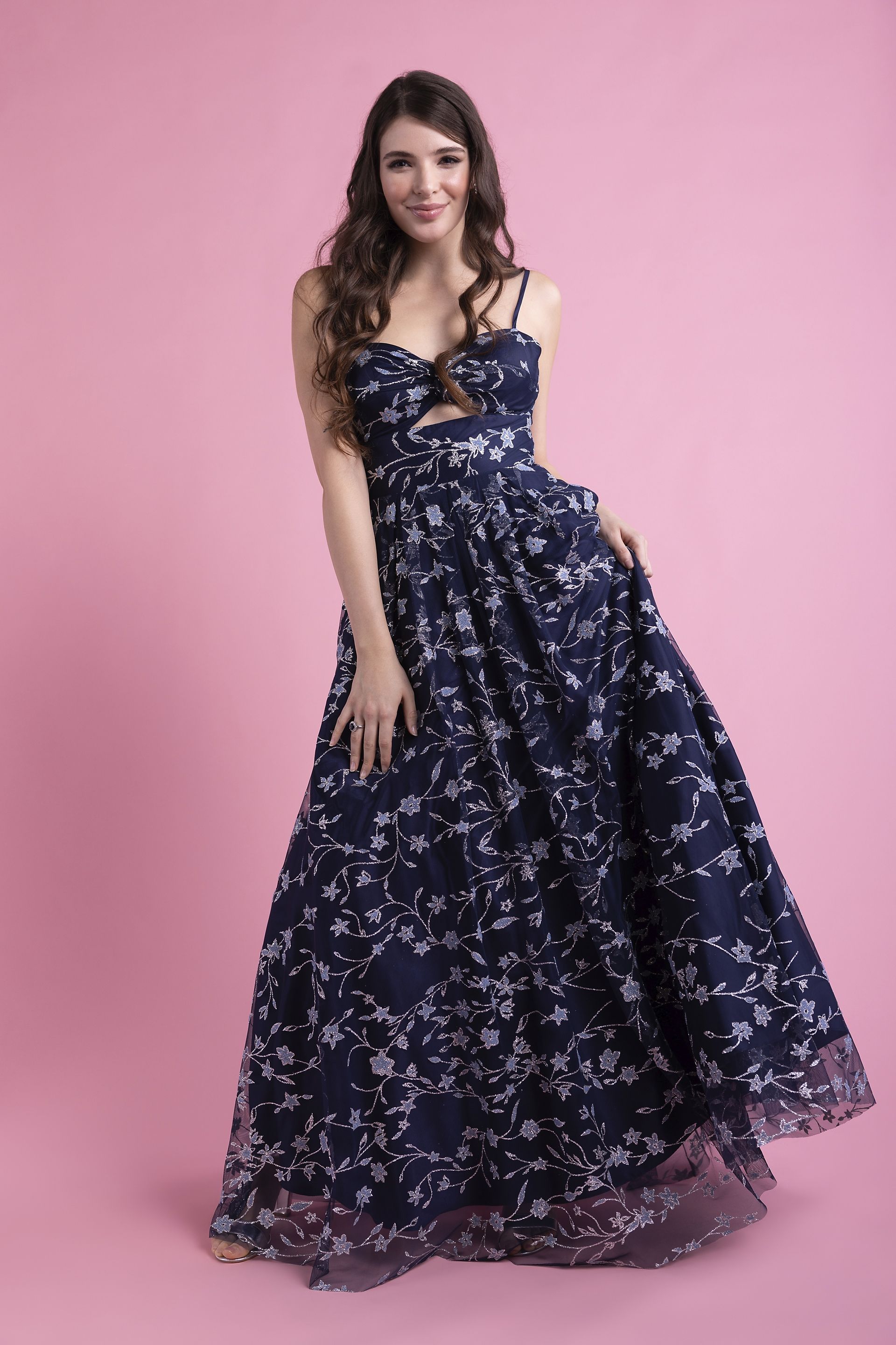 Picture of Glitter Floral Cutout Ball Gown with Lace-Up Back